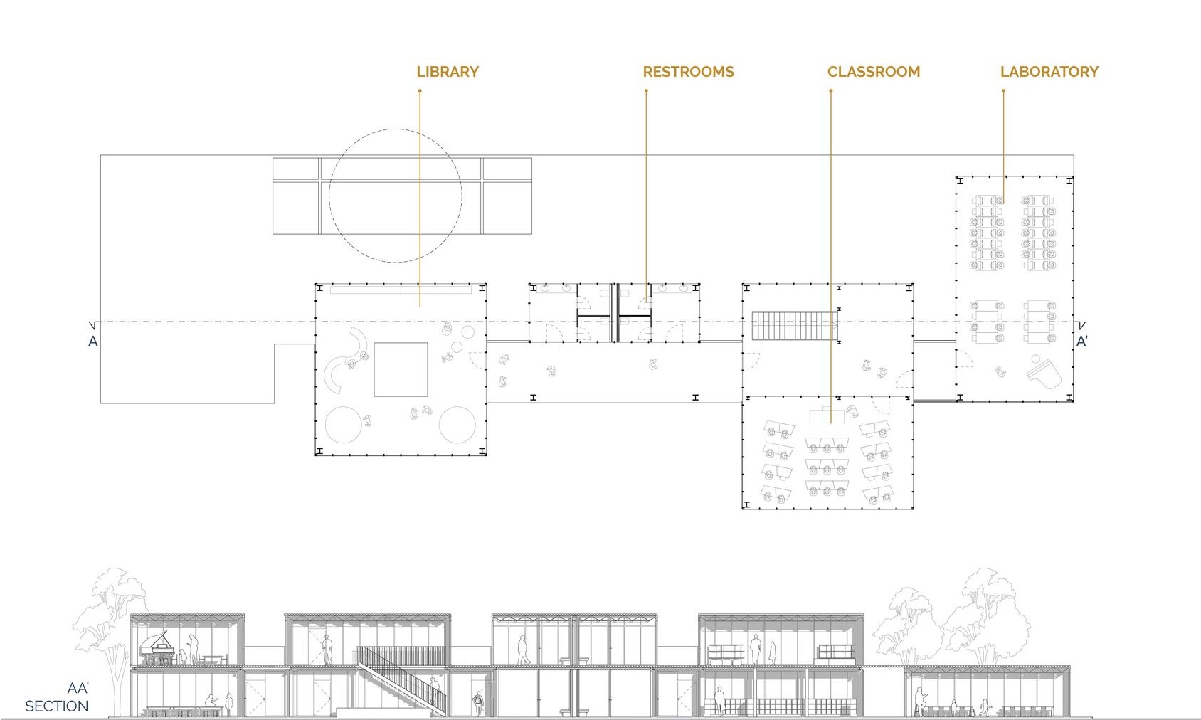 Educational Strength: School floor plan and section - Detailed layout.