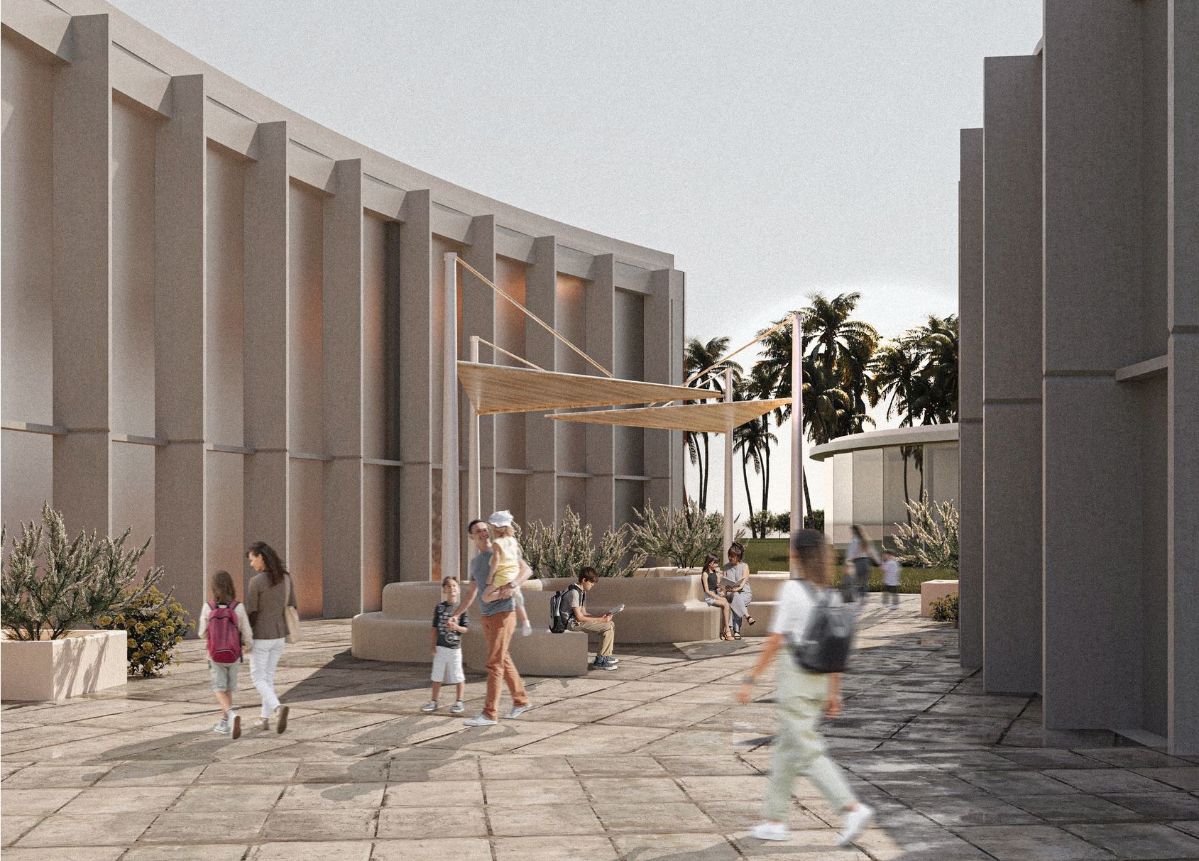 Visitors exploring MarsTrip Space Centre's modern courtyard.