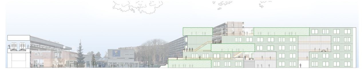 Community center design with integrated student housing.
