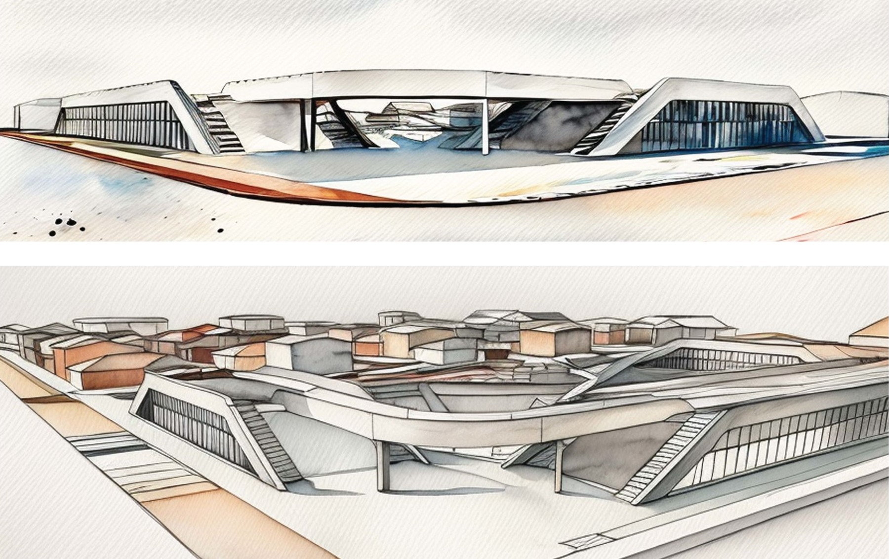 Modern community center with green roof and access ramps.