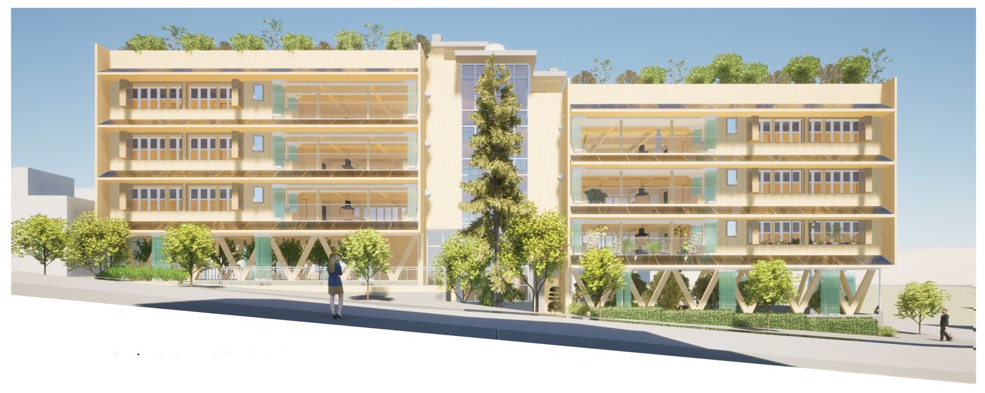 Greenhouse Apartments: wood construction, green roof, and solar panels for sustainable city living.