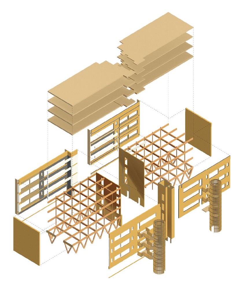 Exploded axonometric drawing: Greenhouse Apartments' sustainable CLT construction system.