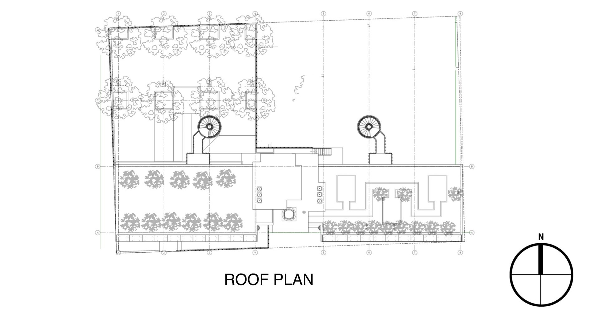 Greenhouse Apartments roof plan: green roof layout, skylights, and stair access.