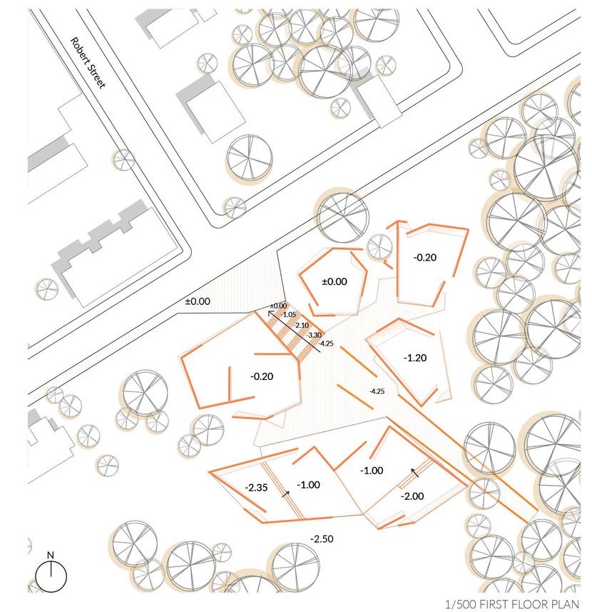 ArtQuake's multi-level floor plan maximizes natural terrain.