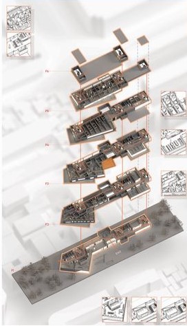 Light Cycle's exploded axonometric view: Rotating floors optimize daylight.