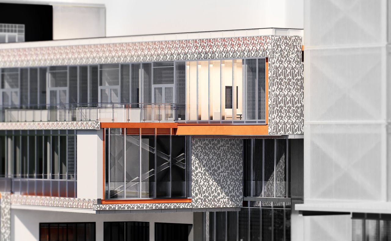 Light Cycle facade: Textured panels, balconies, and ample natural light.