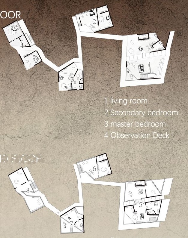 Floor plan with labeled living spaces and observation deck.