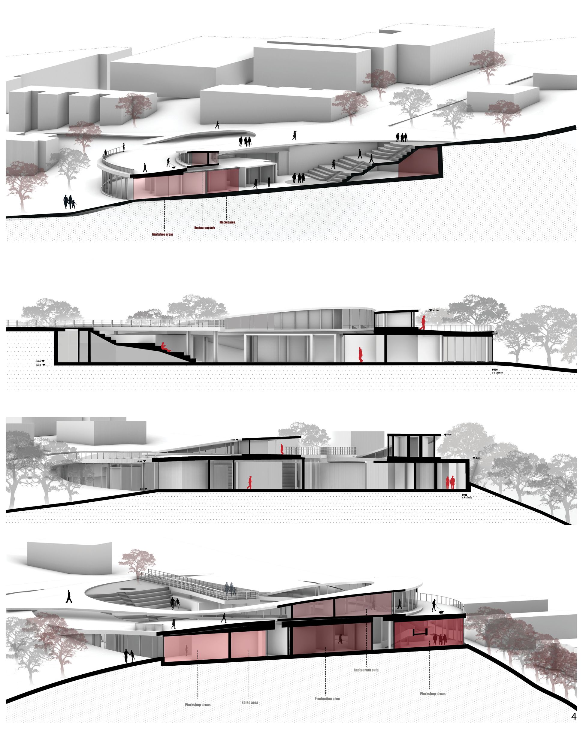 URBanHall sections: Multi-level design with varied spaces.