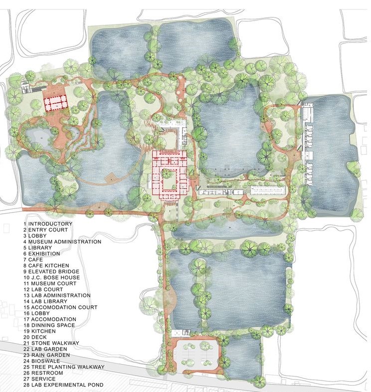 Sustainable site design integrates nature and research facilities.