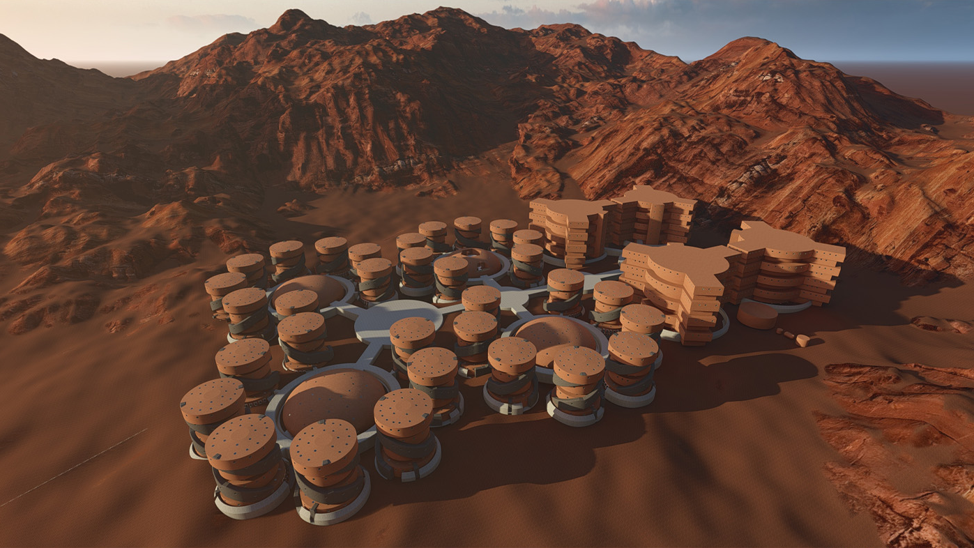 An aerial view of the Red Planet Renaissance habitat design—showcasing modular, sustainable Martian architecture seamlessly integrated into the rugged Martian landscape.