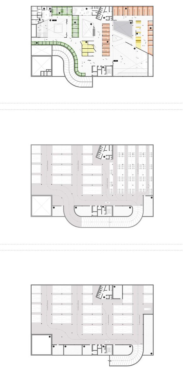 First, Second, and Third Floor Plans: Market, parking, services.