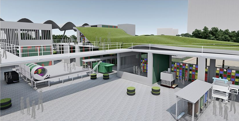 An integrated waste processing and community engagement hub at Swayam, showcasing eco-friendly architecture with green roofs and modular facilities.
