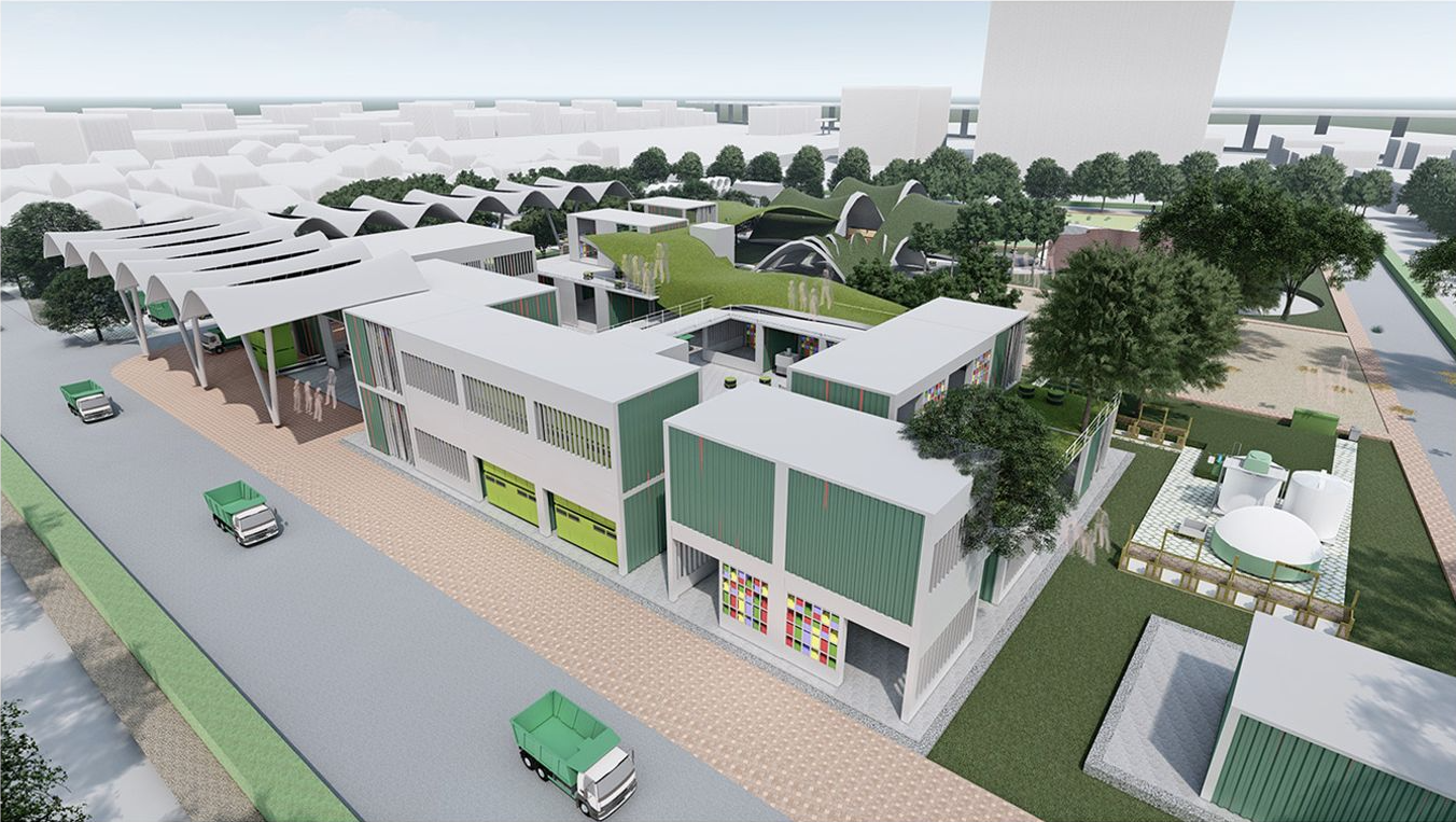 Aerial view of Swayam's integrated waste management facility, featuring modular green architecture and spaces for community engagement.