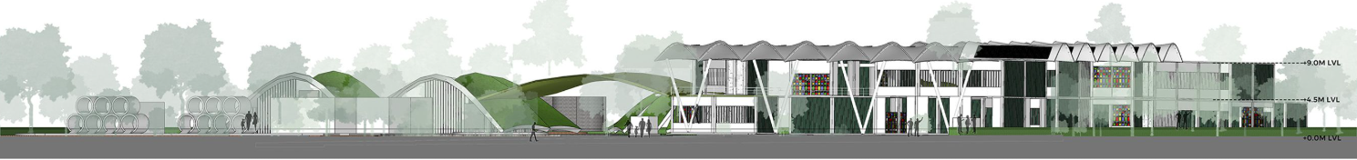 Architectural elevation of Swayam’s Wastescape Community, showcasing modular structures, green roofs, and sustainable design elements