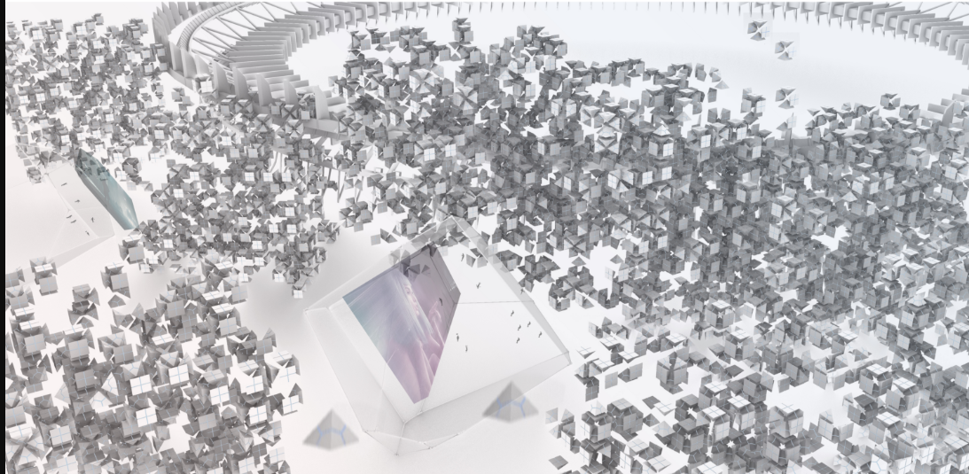 Visualization of scalable, 3D-printed units forming New Houston’s dynamic ecosystem.