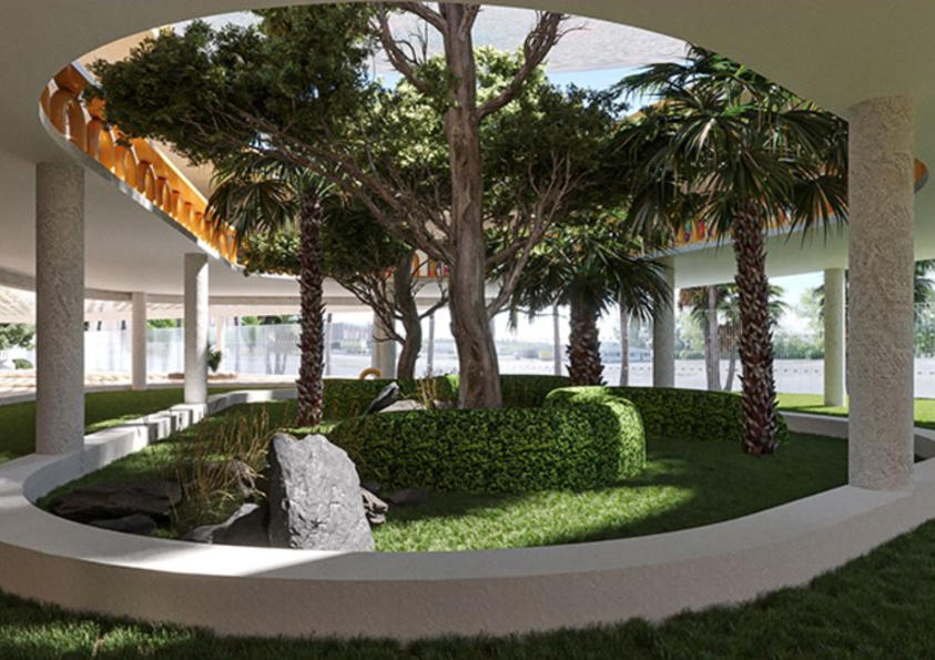 A serene green space that seamlessly integrates nature into the learning environment.