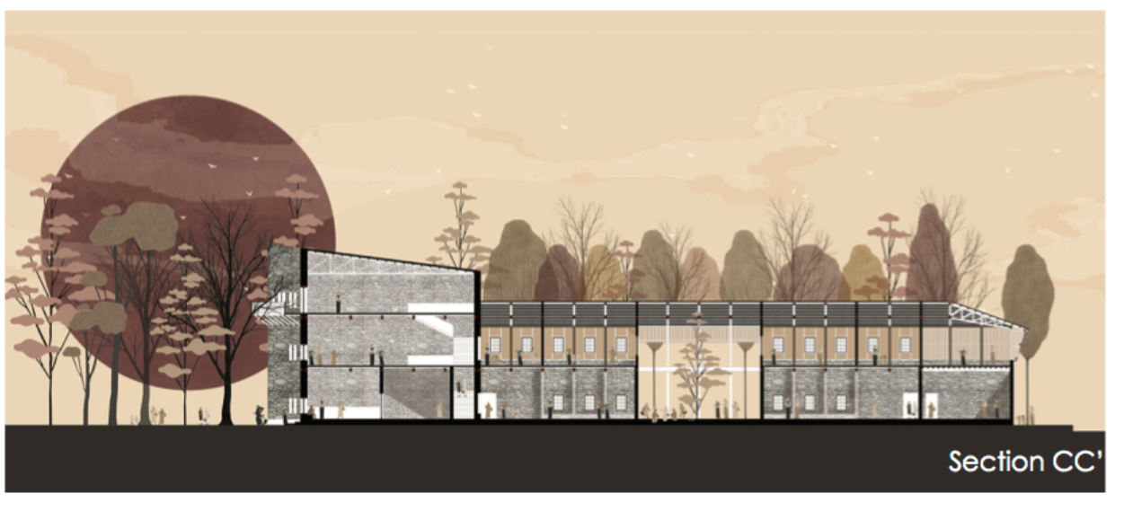 Sectional perspective presenting architectural balance with nature.