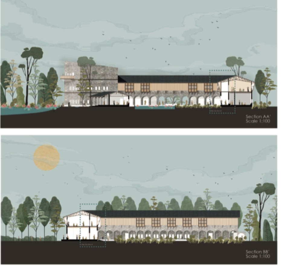Sectional perspective illustrating architectural harmony within the environment.