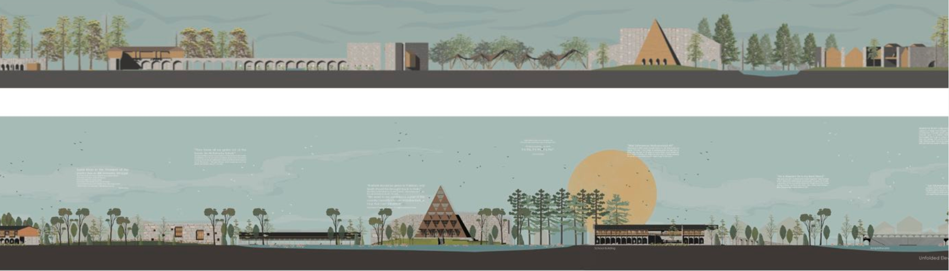 Linear elevations presenting the Garden of Reconciliation’s cultural and architectural elements.