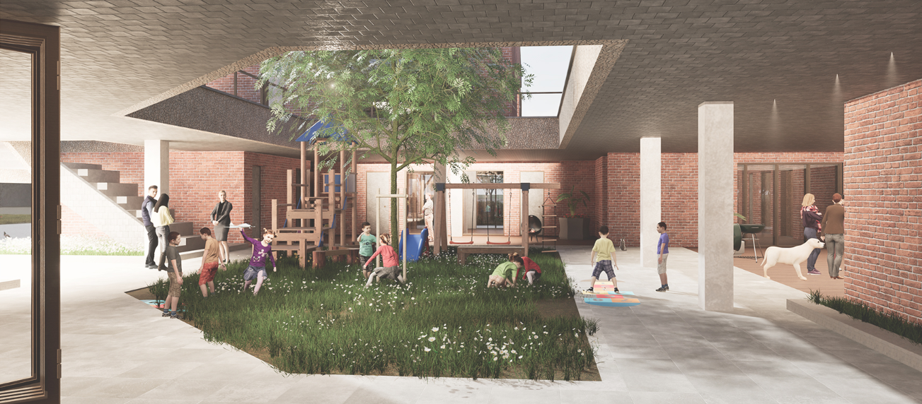 A Vibrant Courtyard: Where Playful Laughter and Community Connections Thrive Amid Brick Walls and Green Spaces