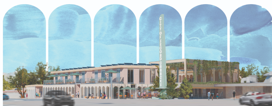 An exterior perspective of the City of Second Chances, showcasing its modern facade with eco-conscious design elements like greenery and shading slats.