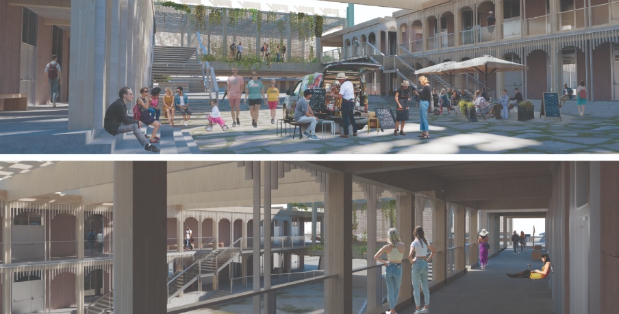 Spaces designed for engagement, featuring open plazas and shaded walkways where people connect, shop, and relax.