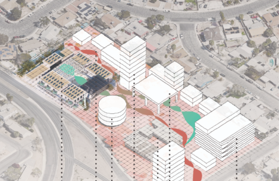 A top-down isometric view illustrating the integration of the City of Second Chances within the larger Cultural Corridor urban plan.