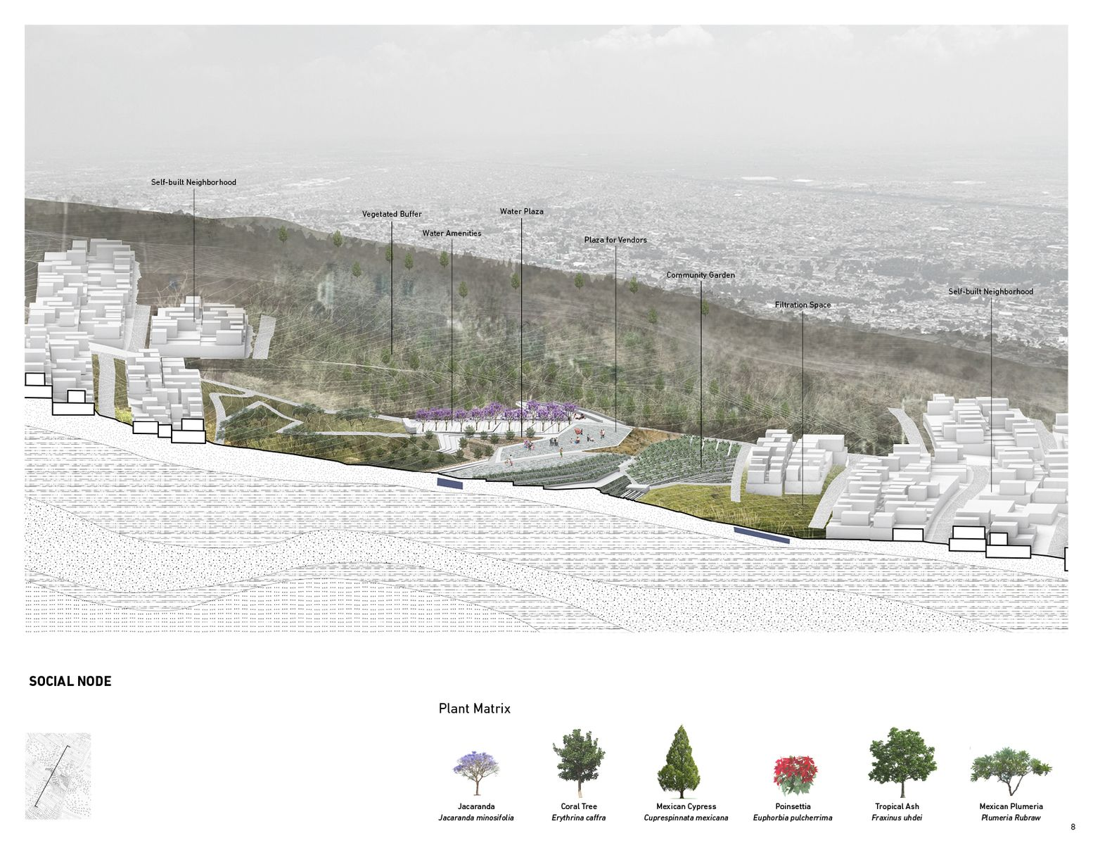 Designing inclusive spaces: Social nodes integrate nature, amenities, and community for hillside resilience.