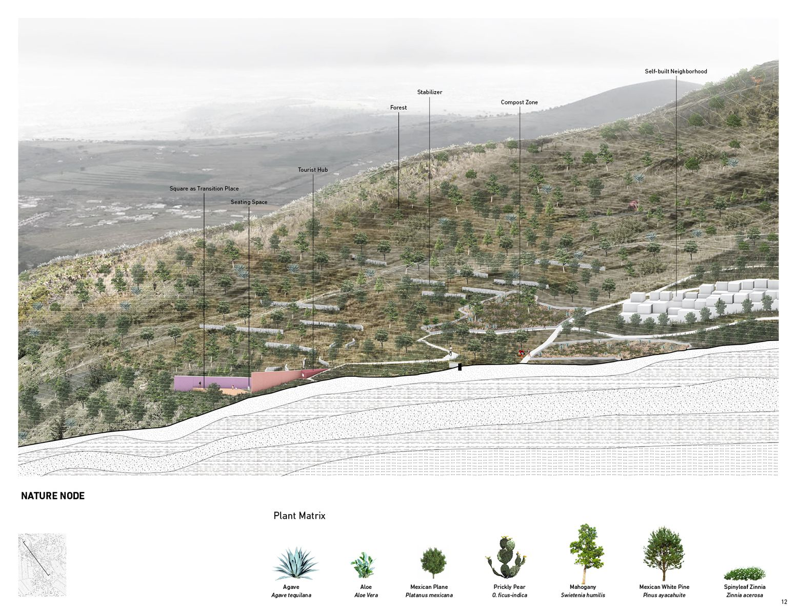 Nature nodes: Blending forests, amenities and sustainable for hillside harmony.