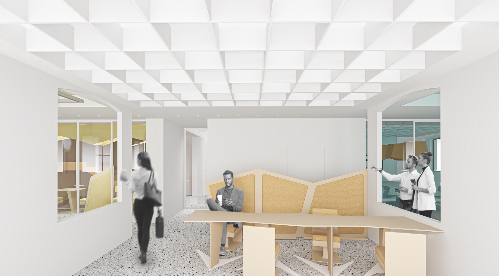 Dynamic seating arrangement fostering collaboration and comfort.