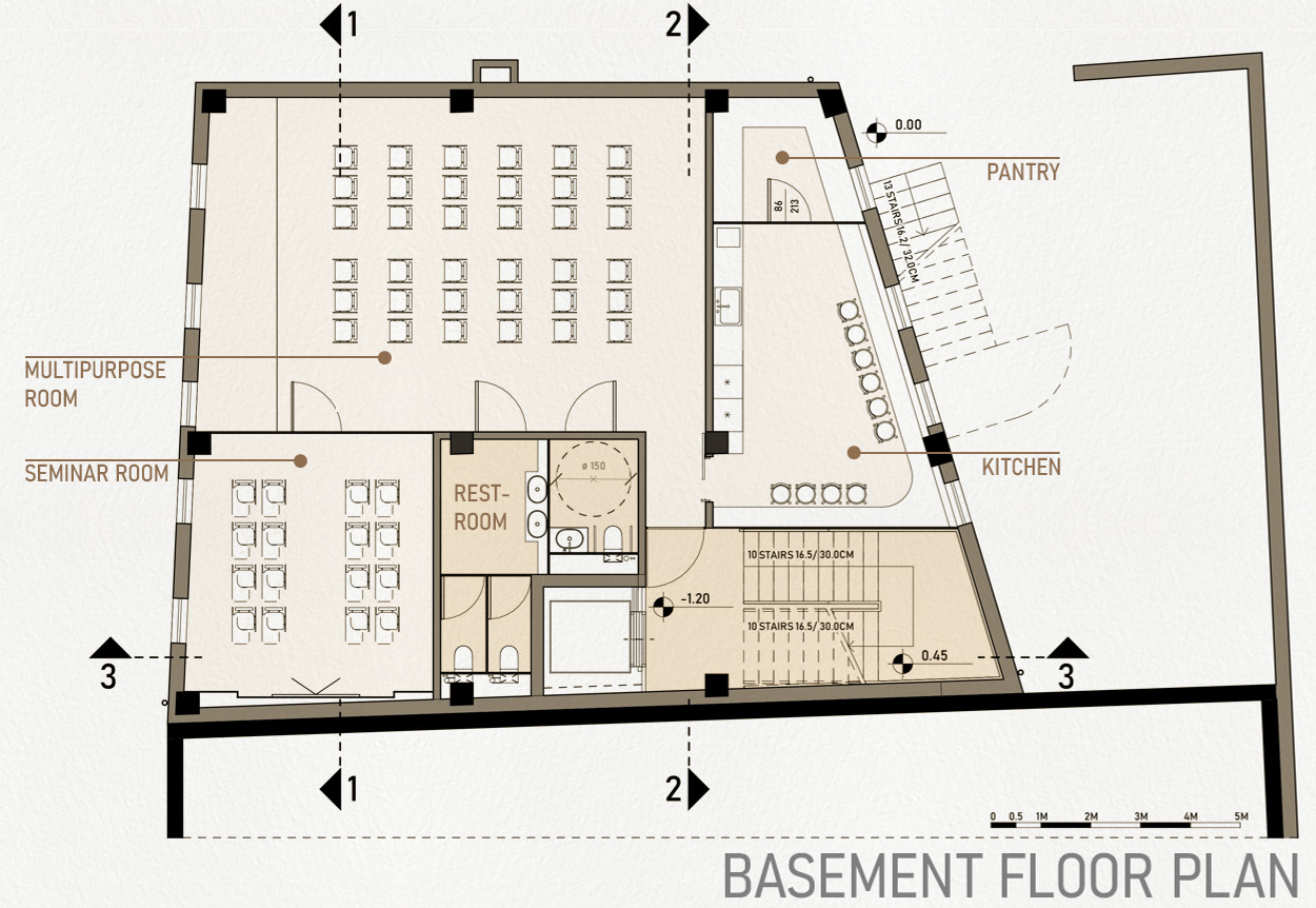 Multipurpose basement room for diverse office activities