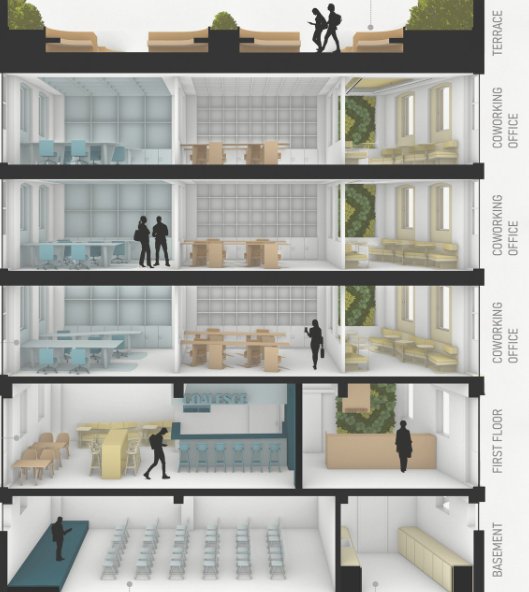 Crystaline building layout, blending work and relaxation zones.