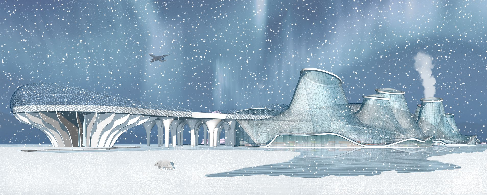 Blending futuristic design with the Arctic’s snowy landscape for sustainable development.