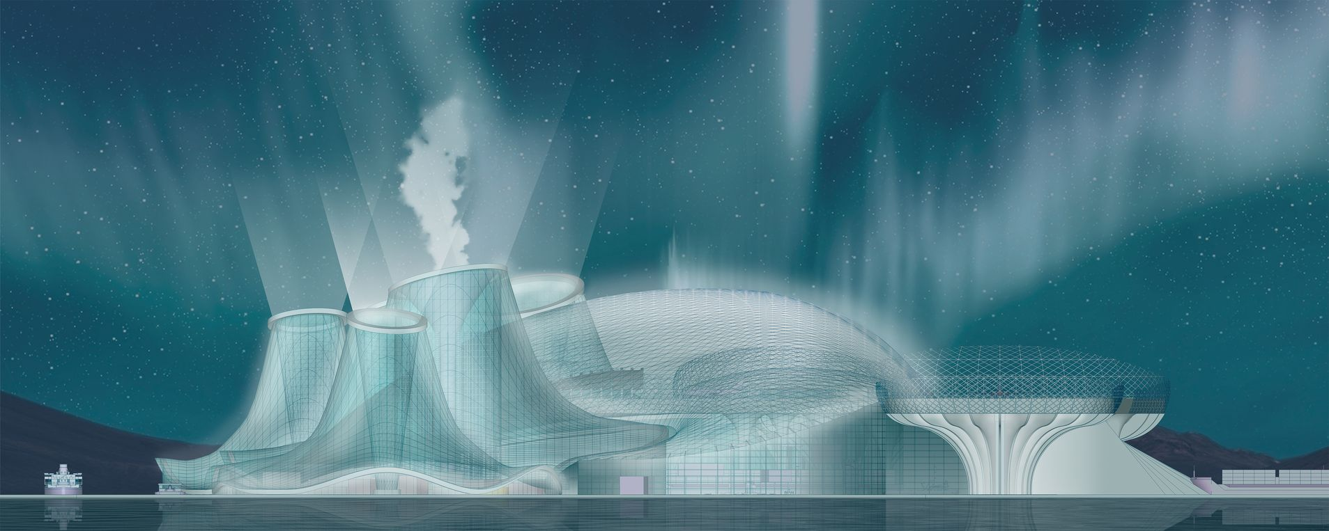 Port Dikson illuminated under the Arctic night sky, seamlessly merging innovative design with the beauty of the Northern Lights.