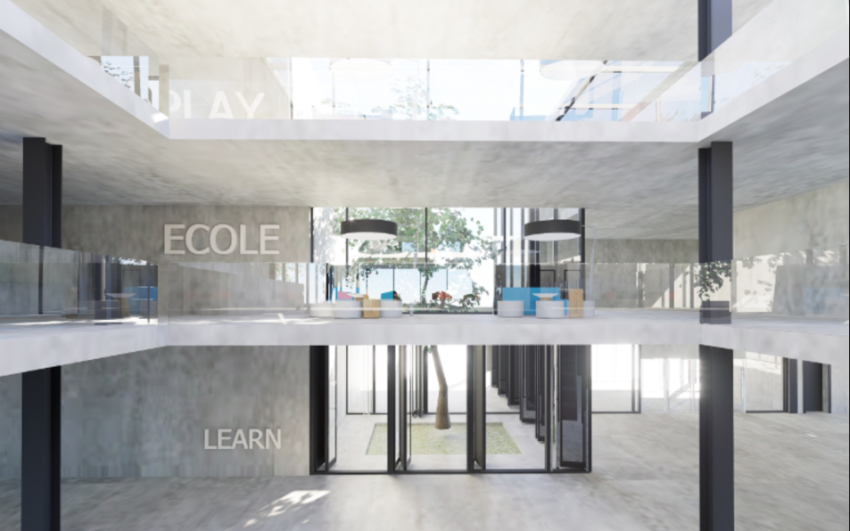 Central atrium showcasing sustainable design with visual and functional transparency.