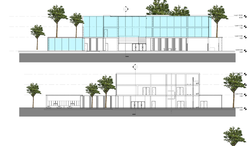 Building elevations highlighting the harmony between structure and green spaces.