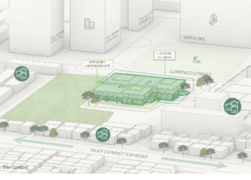 Integration of the school within its urban surroundings, emphasizing green spaces.