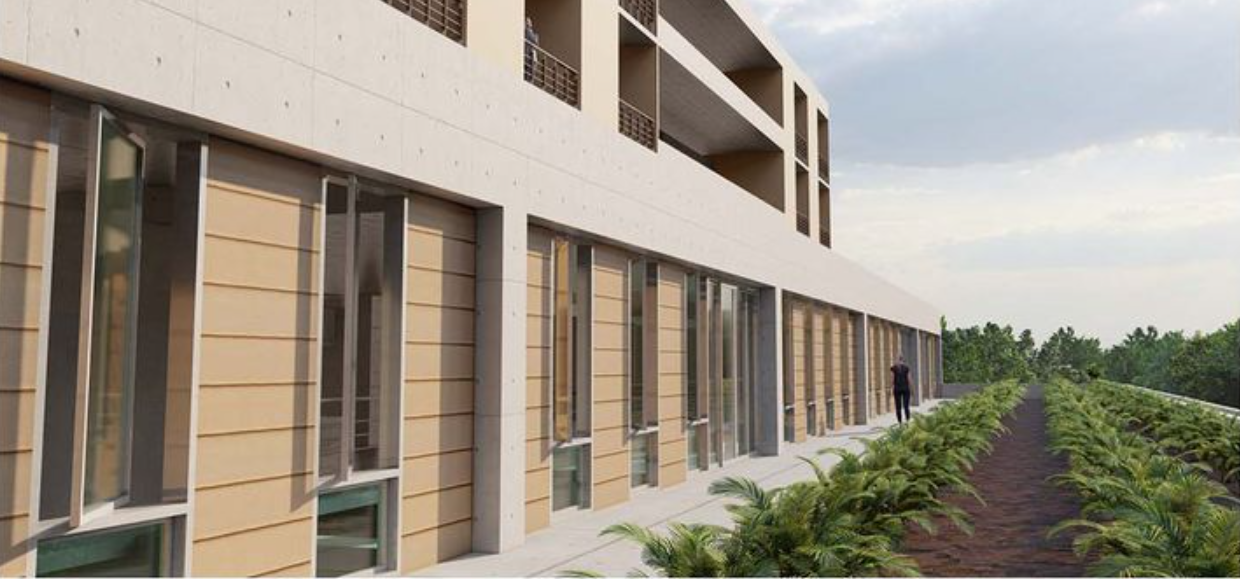 Green terraces highlight the project's emphasis on urban farming and sustainable living.