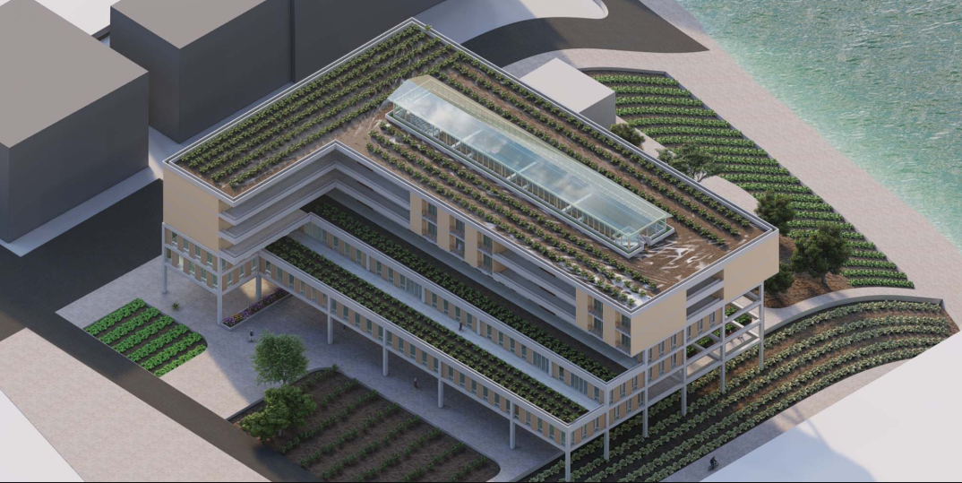 Aerial perspective revealing the rooftop farm and community-centered design.