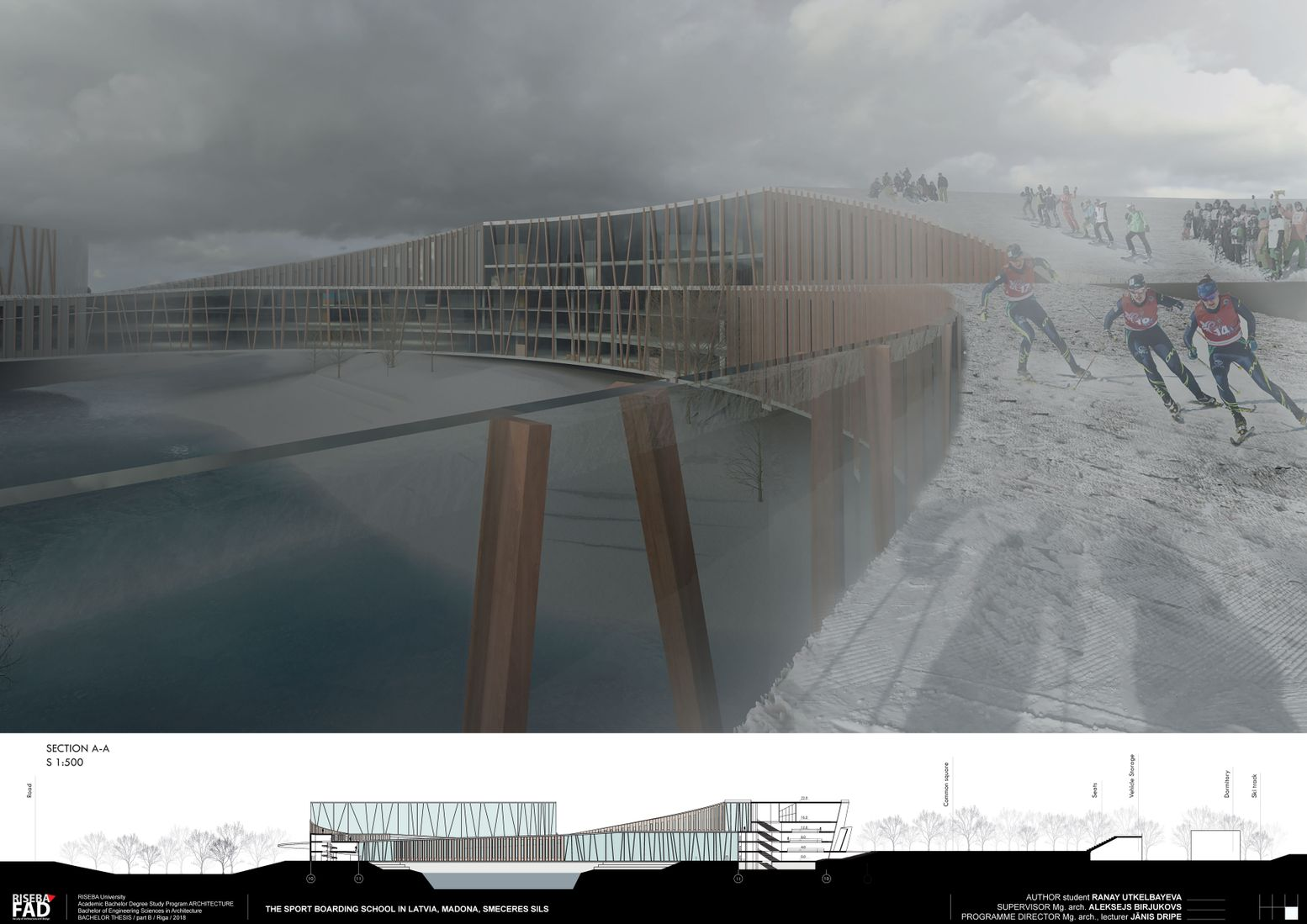 Rendered view of a timber-clad bridge-like building over water, with cross-country skiers on a snowy slope in mist, above a section drawing