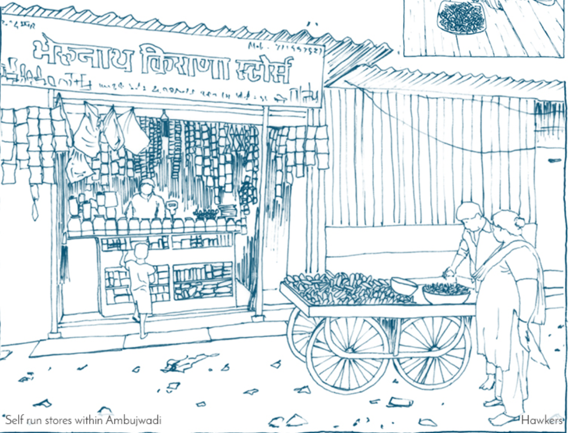 Self-run stores and hawkers in Ambujwadi exemplify local entrepreneurship.