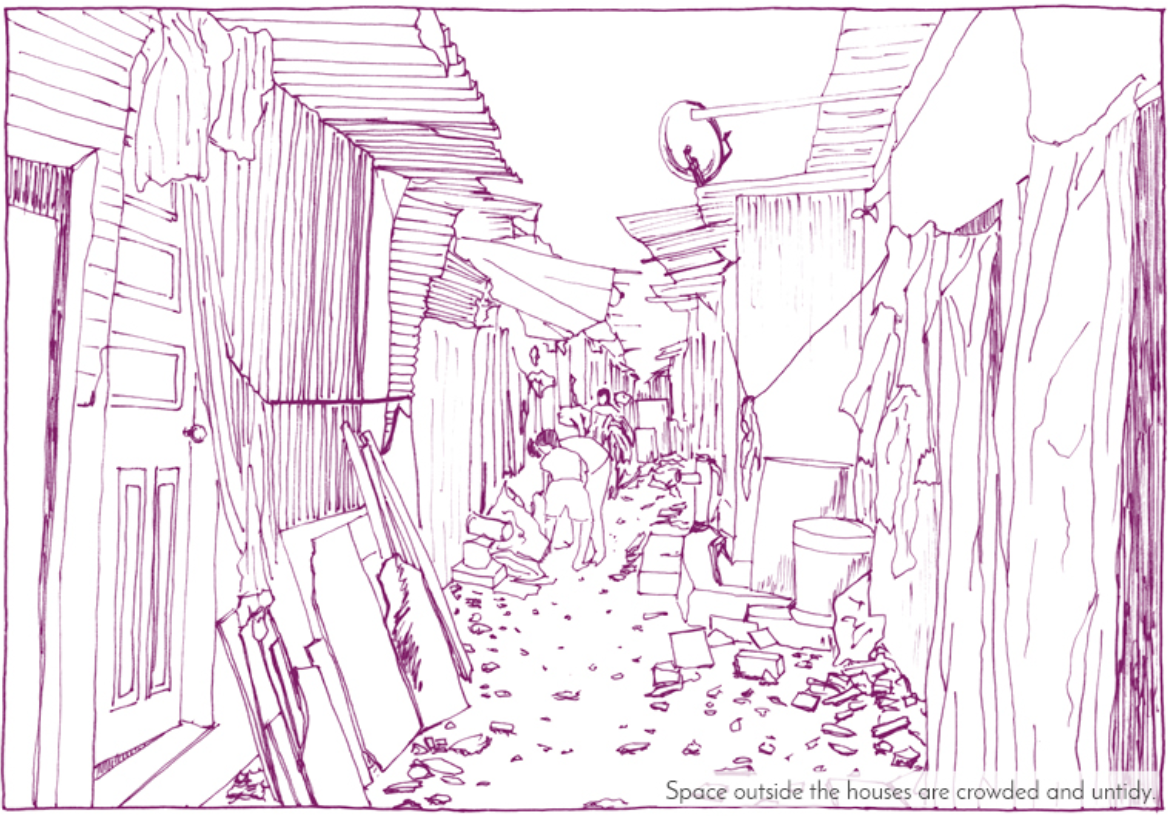 Overcrowded and untidy spaces outside homes.