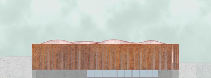 North elevation of the Remember Bhopal Memorial auditorium, showcasing a rusted steel facade with undulating rooflines.