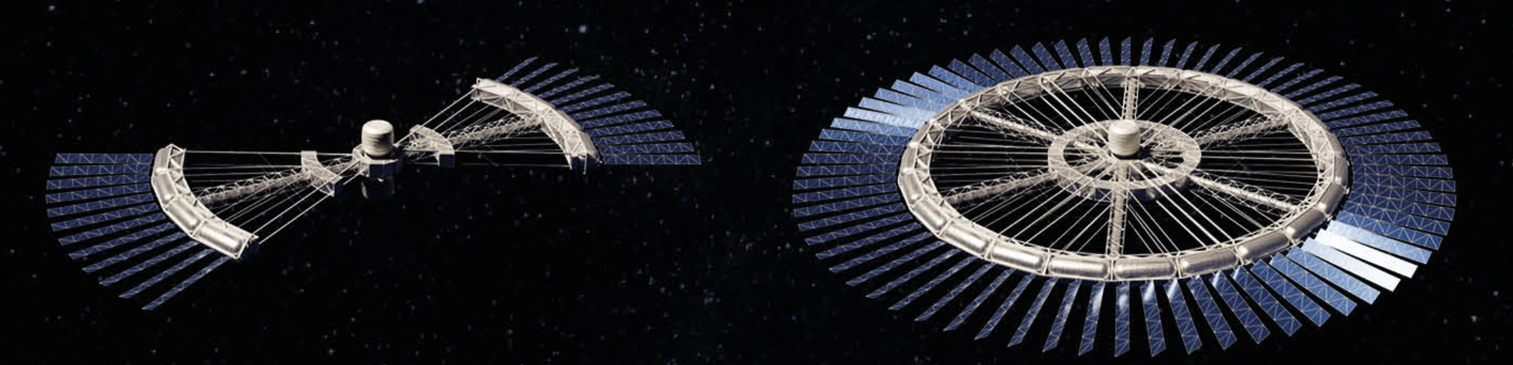 Construction phases illustrate the assembly of truss structures and solar panel deployment.