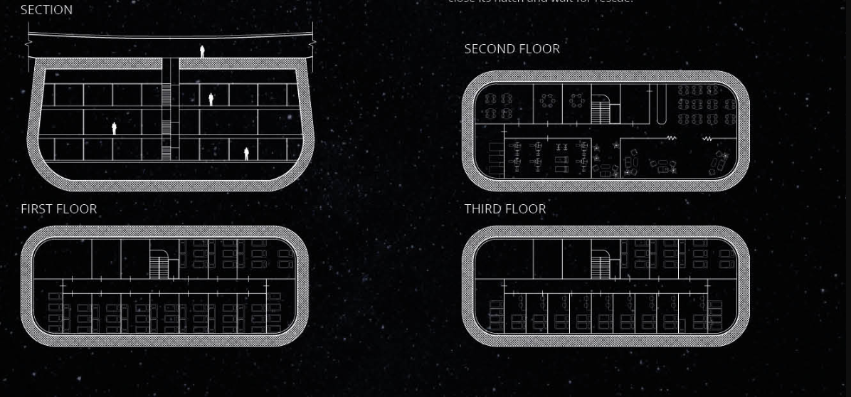 Detailed floor plans showcase multi-level living spaces for astronauts and researchers.