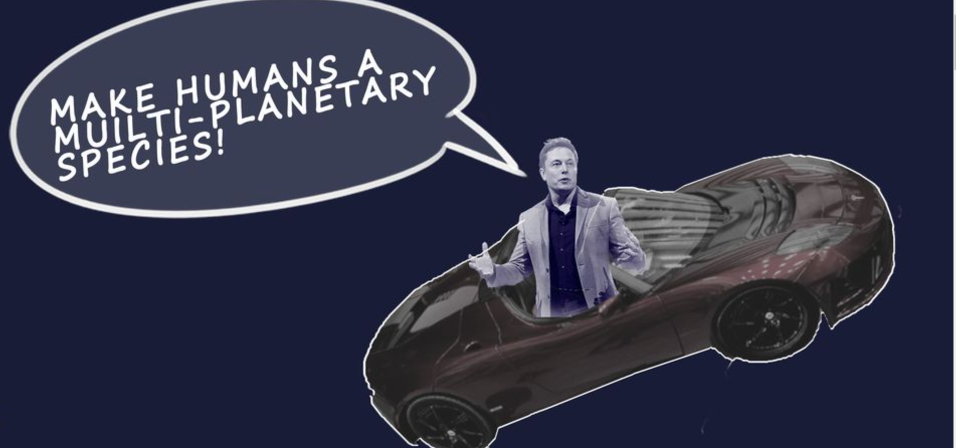 A visionary leader advocates for humanity’s interstellar expansion while sitting in a futuristic car.