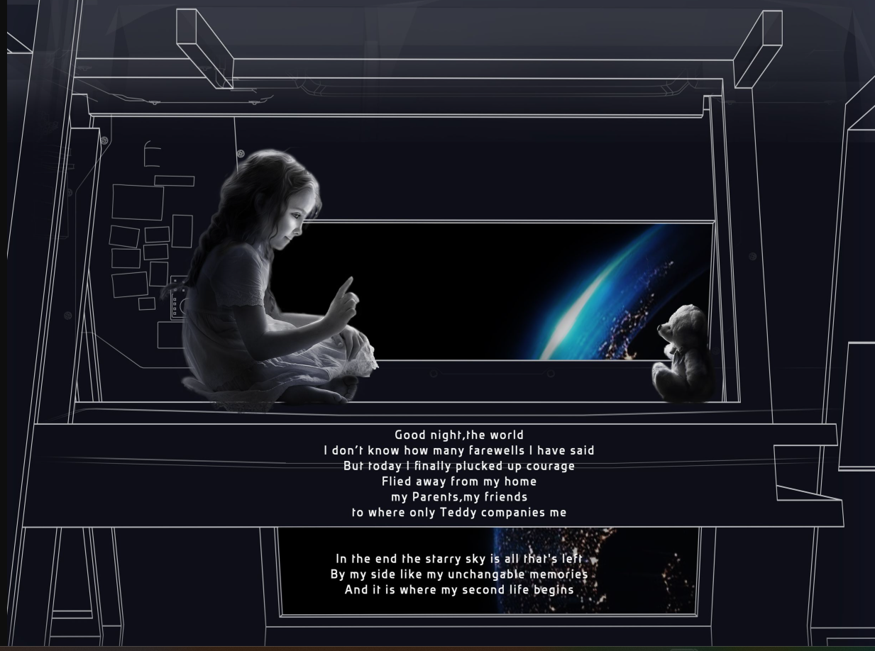 A young girl gazes into the infinite void of space from a thoughtfully designed living module.