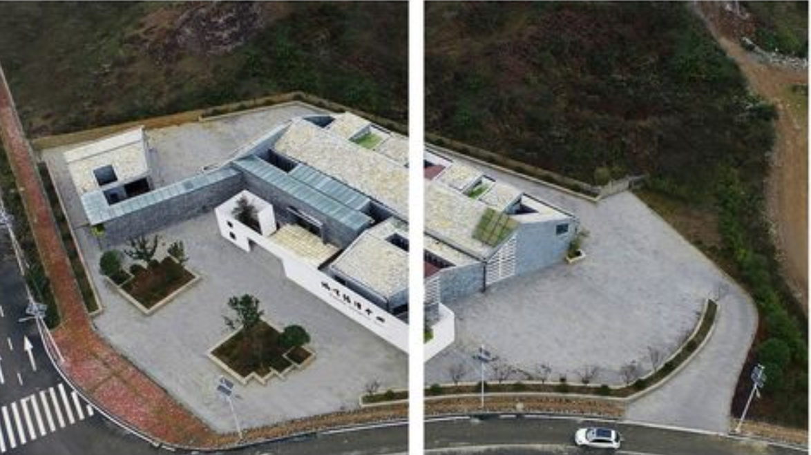 Aerial view of a sustainable building integrating eco-conscious design with functional tourism facilities.