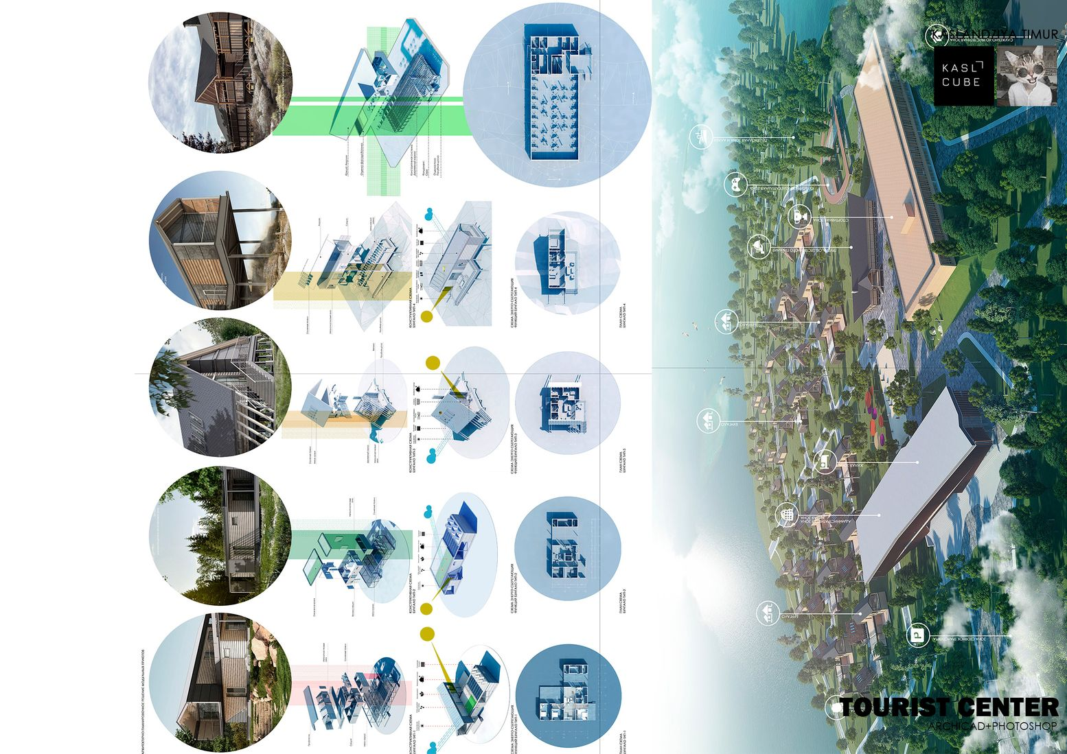 Sustainable tourist center design showcasing modular structures, community integration, and eco-friendly infrastructure.