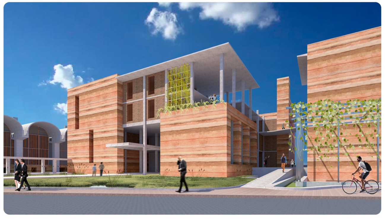 Green facade design blending vegetation with rammed earth walls.